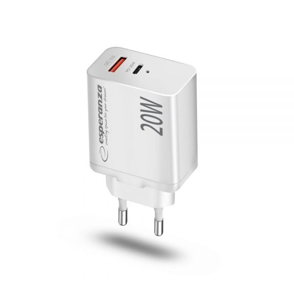 Esperanza Quich Power Charger 20W USB-C PD 20W / USB-A QC 3.0 18W White - Image 2