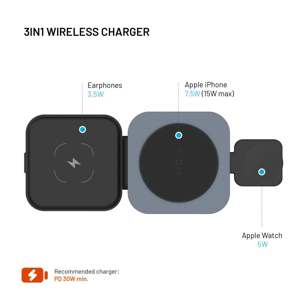 FIXED MagFlex vezeték nélküli töltő, 3 eszköz egyidejű töltése, MagSafe támogatás, szürke - Image 5
