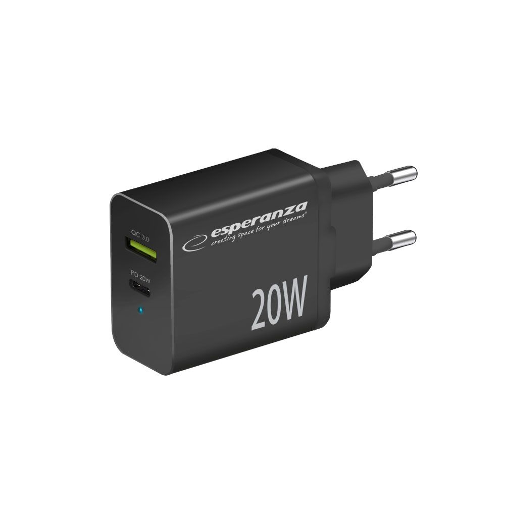 Esperanza Quich Power Charger 20W USB-C PD 20W / USB-A QC 3.0 18W Black - Image 1