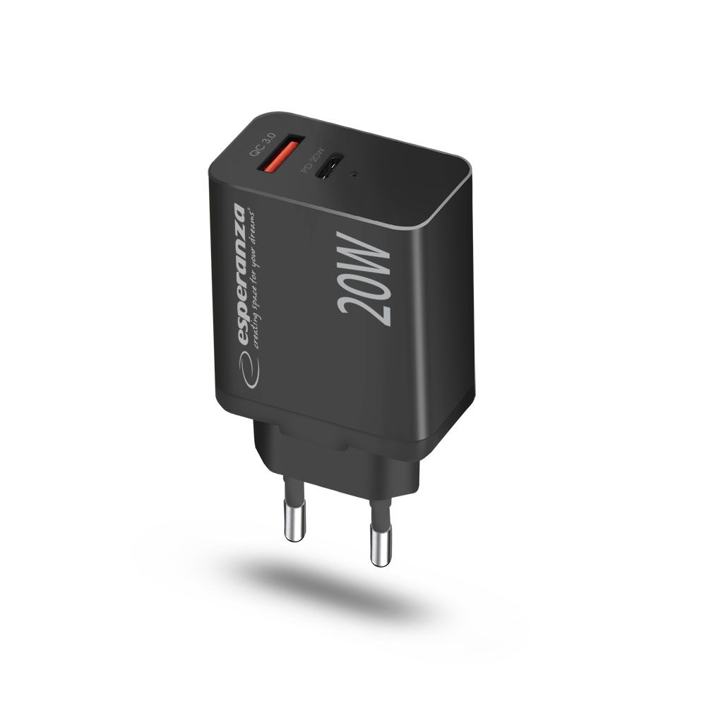 Esperanza Quich Power Charger 20W USB-C PD 20W / USB-A QC 3.0 18W Black - Image 2