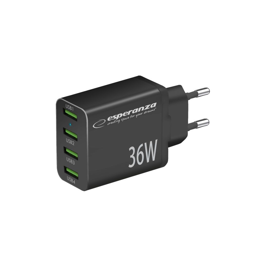 Esperanza EZC107K Quick Power Charger 36W 4x USB-A QC 3.0 18W Black - Image 1