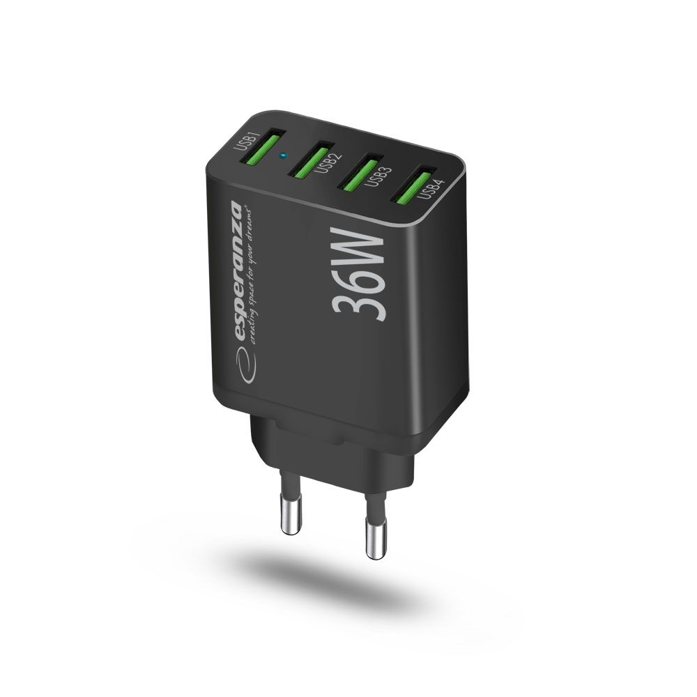Esperanza EZC107K Quick Power Charger 36W 4x USB-A QC 3.0 18W Black - Image 2