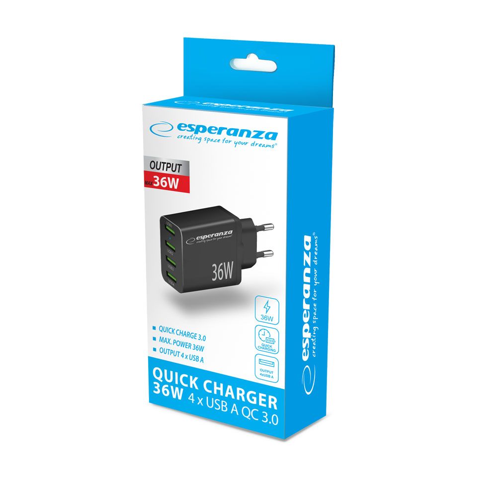 Esperanza EZC107K Quick Power Charger 36W 4x USB-A QC 3.0 18W Black - Image 3