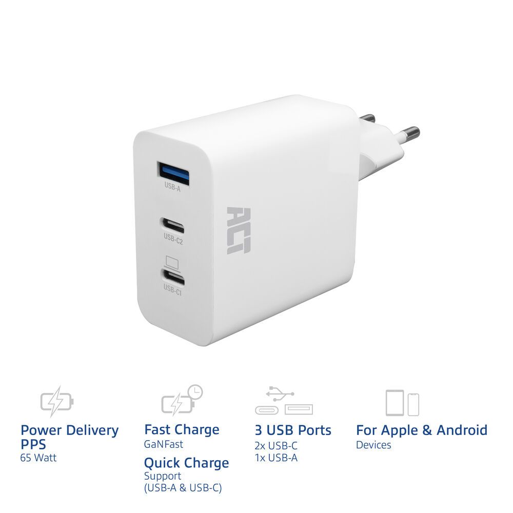 act-act-usb-c-usb-a-charger-65w-3-port-with-power-delivery-pps-quickcharge-and-ganfast_7.jpg ACT ACT USB-C/USB-A Charger 65W 3-port with Power Delivery PPS, QuickCharge and GanFast - Image 7