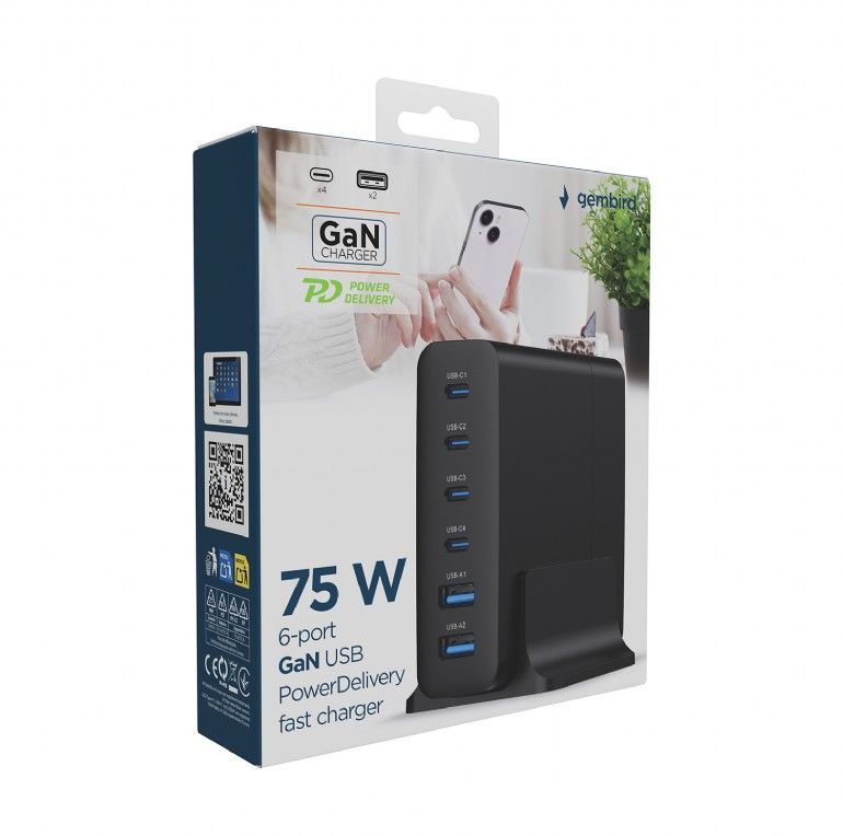 Gembird 6-port 75W GaN USB fast charger Black - Image 4