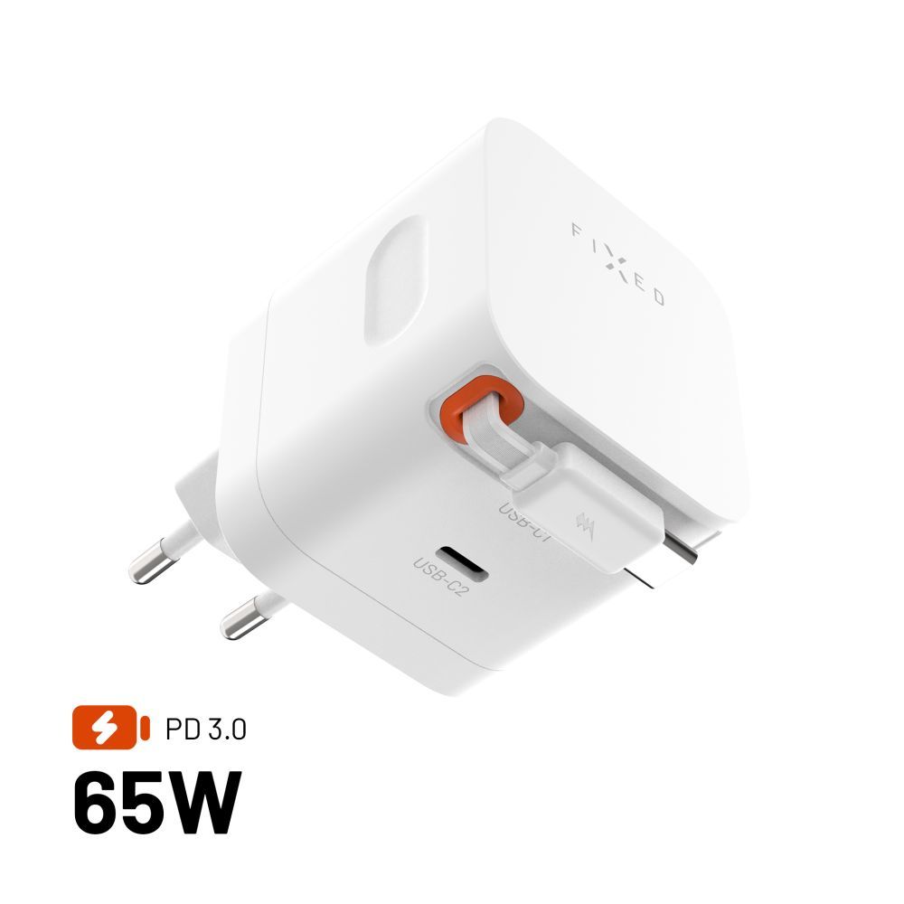 FIXED 2xUSB-C töltő visszahúzható kábellel, GaN PD 3.0 támogatással, 65W, fehér - Image 1