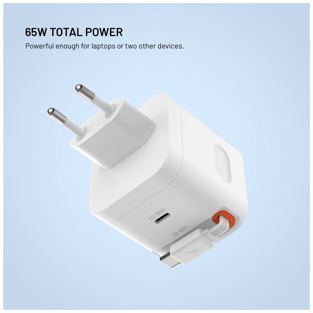 FIXED 2xUSB-C töltő visszahúzható kábellel, GaN PD 3.0 támogatással, 65W, fehér - Image 3