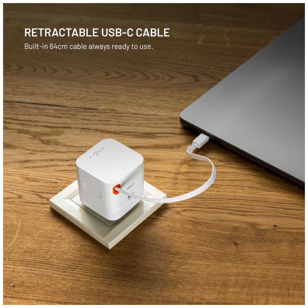 FIXED 2xUSB-C töltő visszahúzható kábellel, GaN PD 3.0 támogatással, 65W, fehér - Image 4