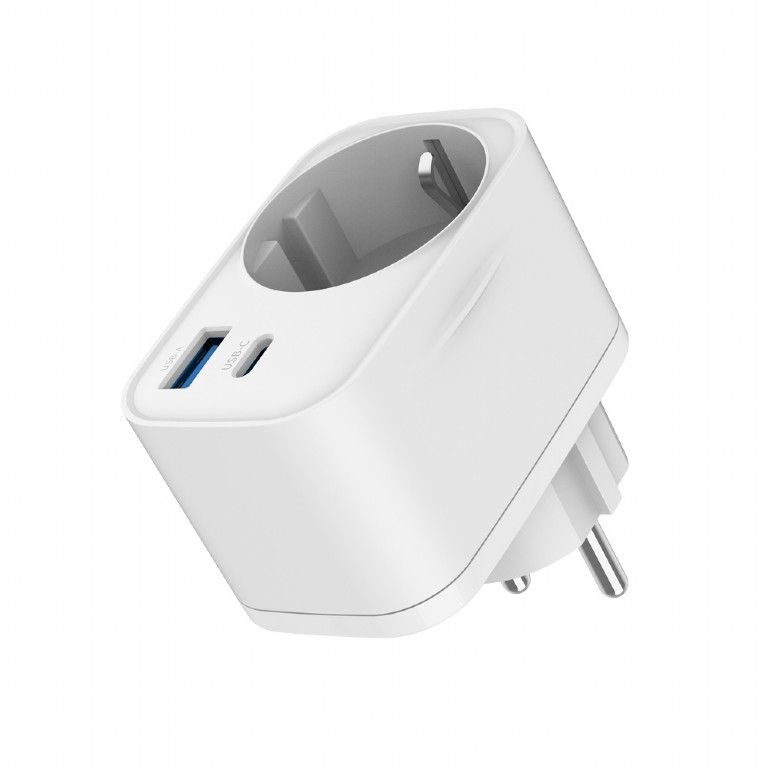 Gembird TA-ACPDQC20-01-W 2-port USB fast charger with pass-through AC socket 20W White - Image 2