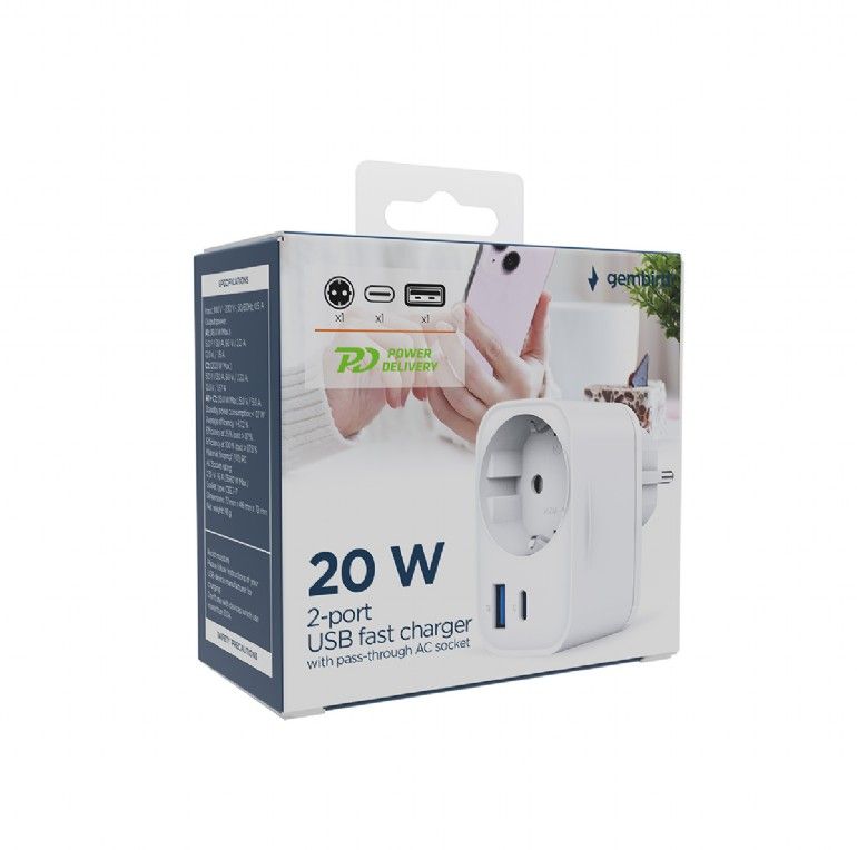 Gembird TA-ACPDQC20-01-W 2-port USB fast charger with pass-through AC socket 20W White - Image 4