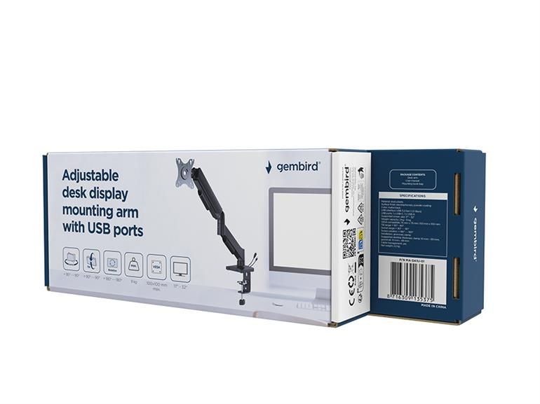 Gembird MA-DA1U-01 Adjustable desk display mounting arm with USB ports 17”-32” Black - Image 4