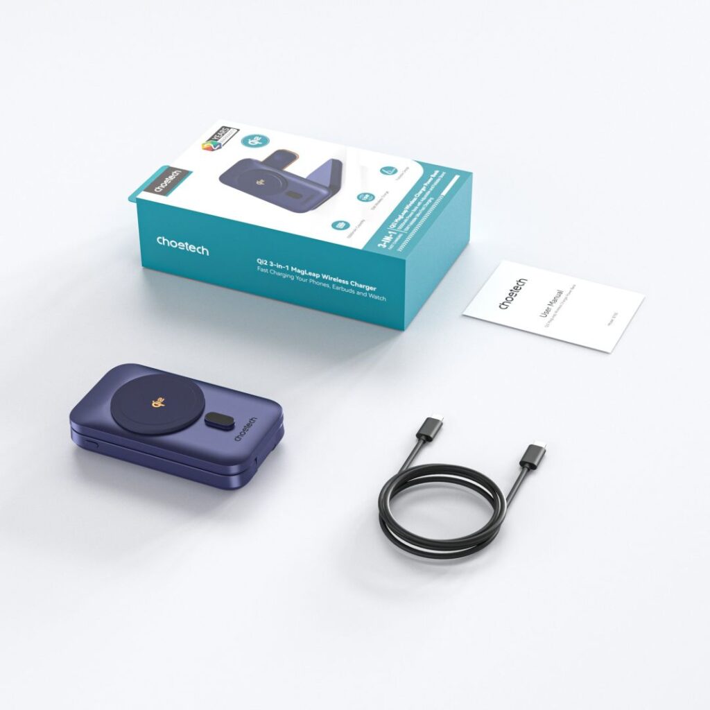 Choetech  B750 3in1 Fast Charging Qi2 MagLeap Wireless Charger & PowerBank Blue - Image 4