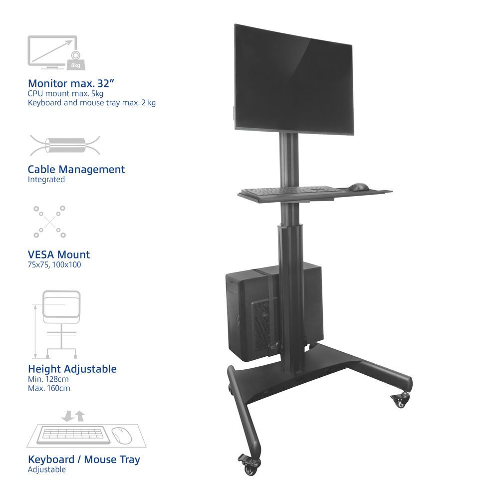 ACT Mobile Workstation for a single monitor with CPU mount keyboard and mouse tray Black - Image 2