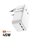 FIXED Ultravékony utazóadapter 45W EU, UK, USA/AUS 3xUSB-C PD 45W, fehér