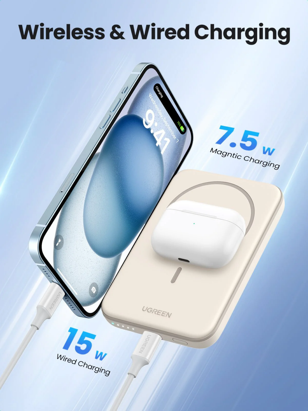 UGREEN 5000mAh Magnetic Wireless Power Bank Beige PB560 - Image 4