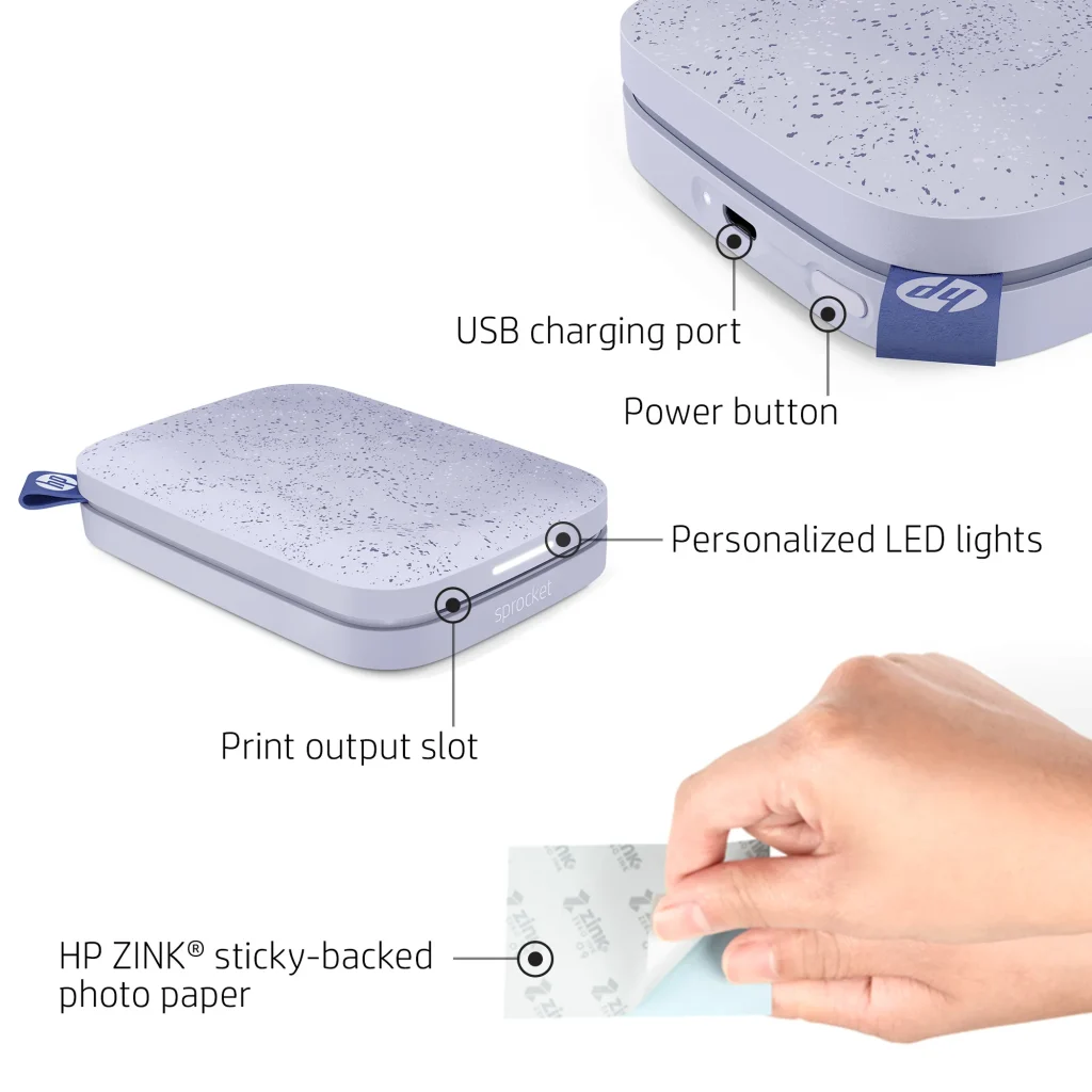 HP Sprocket hordozható fotónyomtató 2x3 hüvelykes lila - Image 4