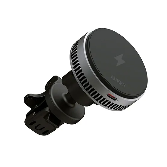Aukey MagFusion Dash Pro Qi2 aktív hűtésű szellőzőrácsra rögzíthető, vezeték nélküli autós telefon töltő és tartó