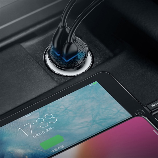 Baseus Circular Plastic autós gyorstöltő 30W, USB Type-A + USB Type-C, fekete - Image 5