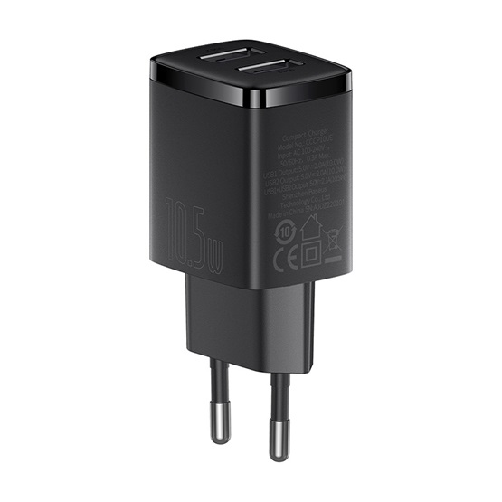 Baseus Compact hálózati töltő 10.5W, 2×USB Type-A, fekete - Image 3