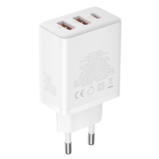 Baseus Cube hálózati gyorstöltő 30W, USB Type-C + 2×USB Type-A, fehér - Image 3