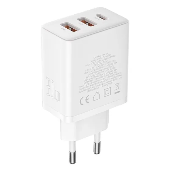 Baseus Cube hálózati gyorstöltő 30W, USB Type-C + 2×USB Type-A, fehér - Image 3