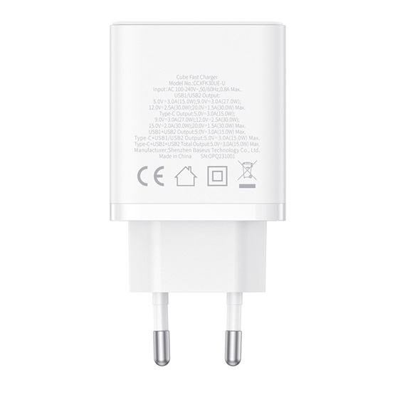 Baseus Cube hálózati gyorstöltő 30W, USB Type-C + 2×USB Type-A, fehér - Image 5