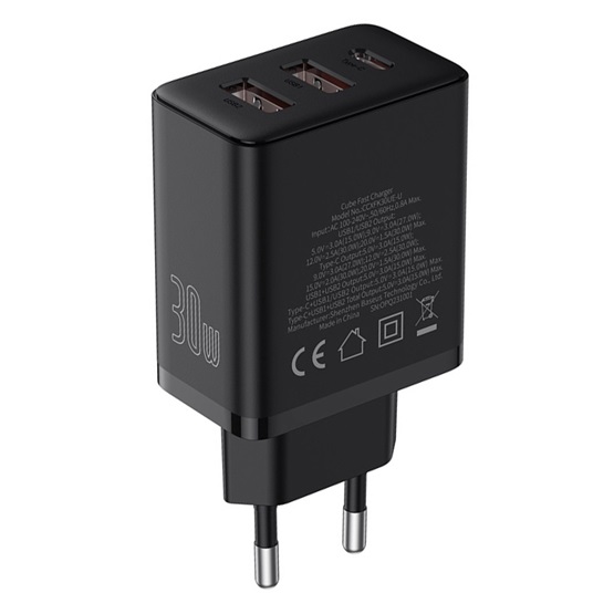 Baseus Cube hálózati gyorstöltő 30W, USB Type-C + 2×USB Type-A, fekete - Image 3