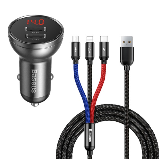 Baseus Digital Display autóstöltő 24W, 2×USB Type-A, fekete + 3.5A 3-in-1, 1.2m 3-színű kábel - Image 1