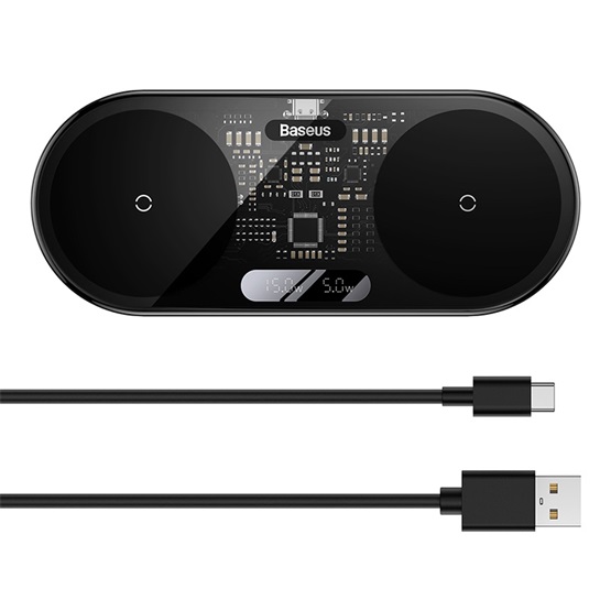 Baseus Digital LED Display 2-in-1 vezeték nélküli töltő 20W, fekete + 3A USB Type-A – USB Type-C,  1m kábel - Image 4