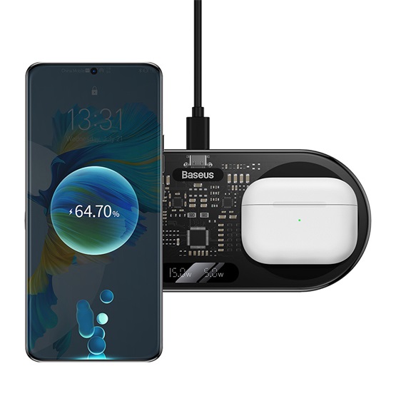 Baseus Digital LED Display 2-in-1 vezeték nélküli töltő 20W, fekete + 3A USB Type-A – USB Type-C,  1m kábel - Image 5