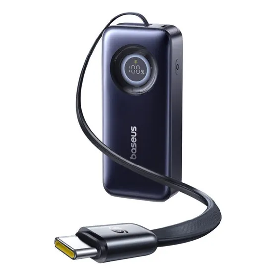 Baseus EnerCore CR11 gyorstöltő powerbank 20000 mAh, 67W, beépített USB Type-C automata behúzós kábel, fekete