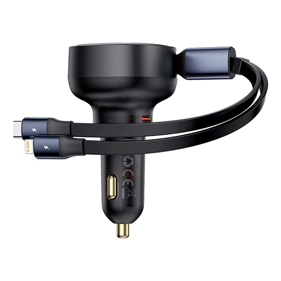 Baseus Enjoyment Pro autós gyorstöltő 60W, USB Type-C + USB Type-C/iPhone automata behúzós kábel, fekete - Image 1