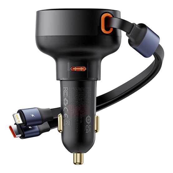 Baseus Enjoyment Pro autós gyorstöltő 60W, USB Type-C + USB Type-C/iPhone automata behúzós kábel, fekete - Image 2