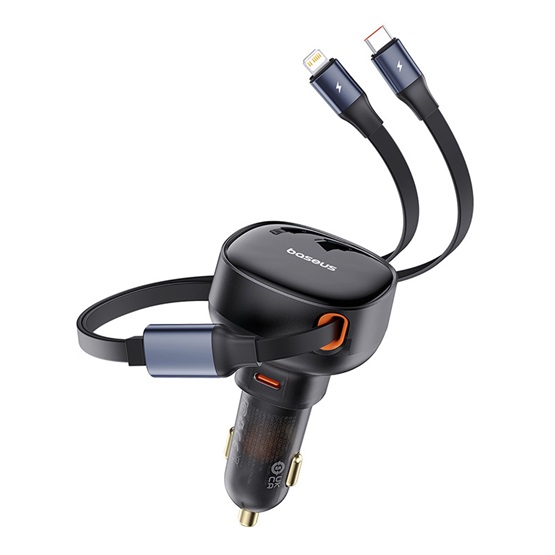 Baseus Enjoyment Pro autós gyorstöltő 60W, USB Type-C + USB Type-C/iPhone automata behúzós kábel, fekete - Image 3