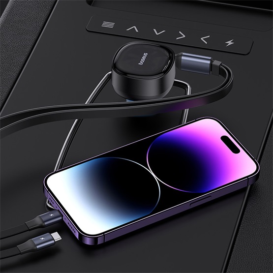 Baseus Enjoyment Pro autós gyorstöltő 60W, USB Type-C + USB Type-C/iPhone automata behúzós kábel, fekete - Image 4
