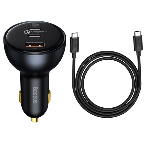 Baseus Qualcomm Quick Charge 5 autós gyorstöltő 160W, USB Type-A + 2×USB Type-C, fekete + 100W USB Type-C, 1m kábel - Image 1