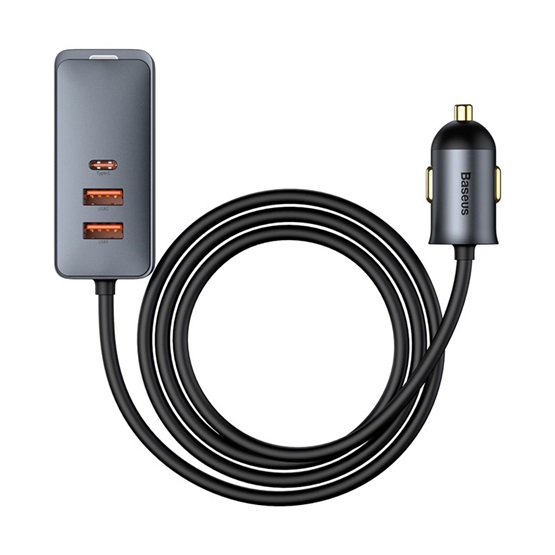 Baseus Share Together PPS autós gyorstöltő 120W, 3×USB Type-A + USB Type-C, beépített kábel, 1,5 m, szürke - Image 1