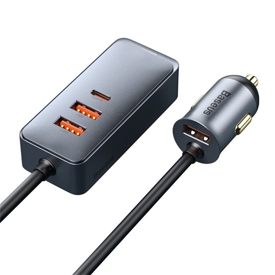 Baseus Share Together PPS autós gyorstöltő 120W, 3×USB Type-A + USB Type-C, beépített kábel, 1,5 m, szürke - Image 3