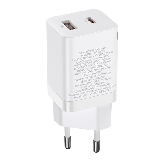 Baseus Super Si Pro hálózati gyorstöltő 30W, USB Type-C + USB Type-A, fehér - Image 4