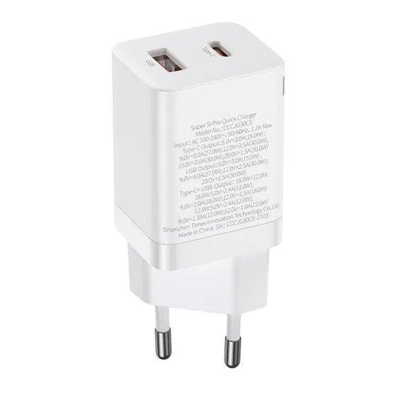 Baseus Super Si Pro hálózati gyorstöltő 30W, USB Type-C + USB Type-A, fehér - Image 4