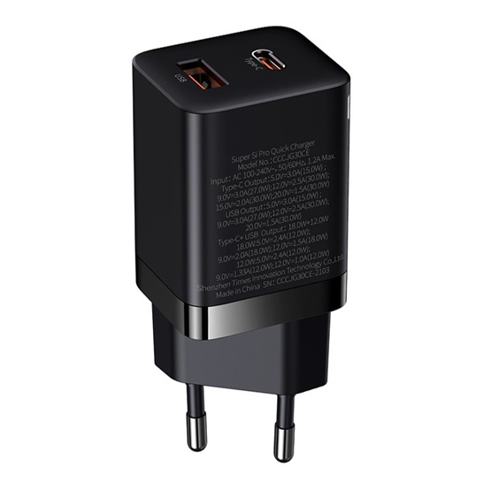 Baseus Super Si Pro hálózati gyorstöltő 30W, USB Type-C + USB Type-A, fekete - Image 4