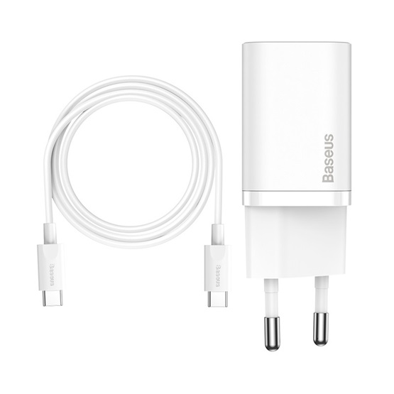 Baseus Super Si hálózati gyorstöltő 25W, USB Type-C, fehér + 3A USB Type-C, 1m kábel - Image 1
