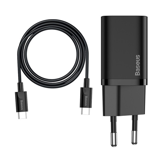Baseus Super Si hálózati gyorstöltő 25W, USB Type-C, fekete + 3A USB Type-C, 1m kábel