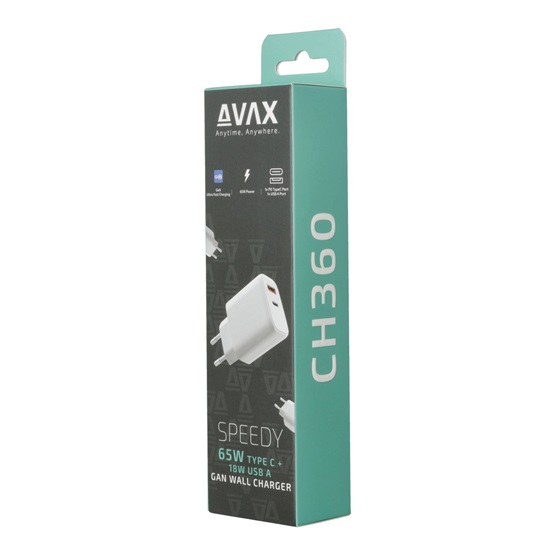 CHG AVAX CH360 SPEEDY 65W GaN hálózati töltő USB A (QC)+Type C (PD3.0), fehér - Image 4