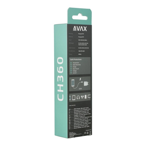 CHG AVAX CH360 SPEEDY 65W GaN hálózati töltő USB A (QC)+Type C (PD3.0), fehér - Image 5