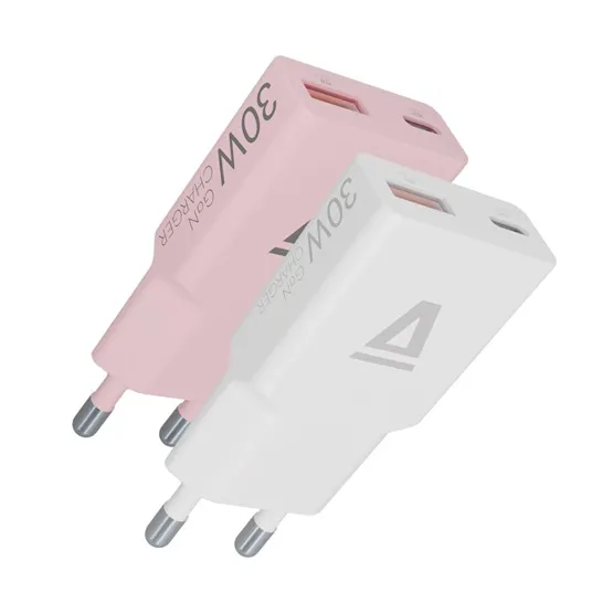 CHG AVAX CH6412 30W GaN USB-C és USB-A gyorstöltő duo szett, fehér és rózsaszín