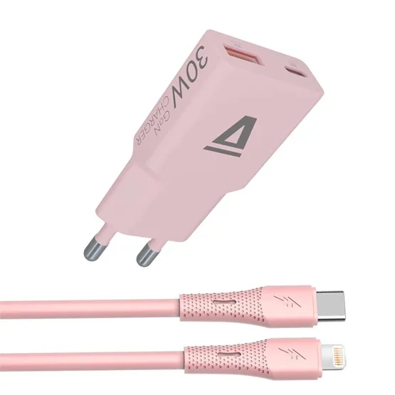CHG AVAX CH6418 30W GaN töltő és USBC-Lightning szilikon kábel szett, rózsaszín