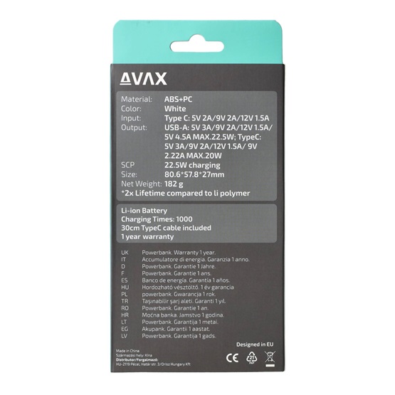 CHG AVAX PB105W MINI PD/Type-C 20W gyorstöltő Powerbank 10.000mAh, fehér - Image 10