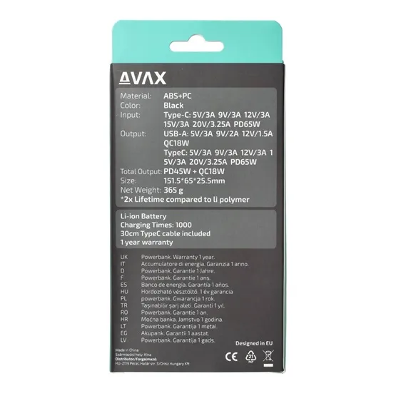 CHG AVAX PB202B VITALITY PD/Type C 65W+QC 18W gyorstöltő Powerbank 20.000mAh, fekete - Dobozsérült termék - Image 5