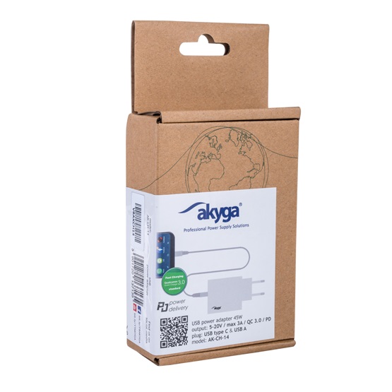 CHG Akyga AK-CH-14 USB-A + USB-CPD 5-20V / max. 3A 45W QuickCharge 3.0 hálózati töltő - Image 5